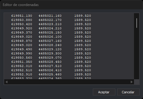 Cuadro de diálogo Editor de coordenadas