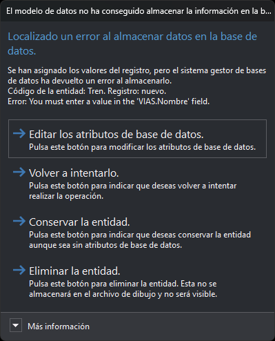 Cuadro de diálogo El modelo de datos no ha conseguido almacenar la información en la base de datos