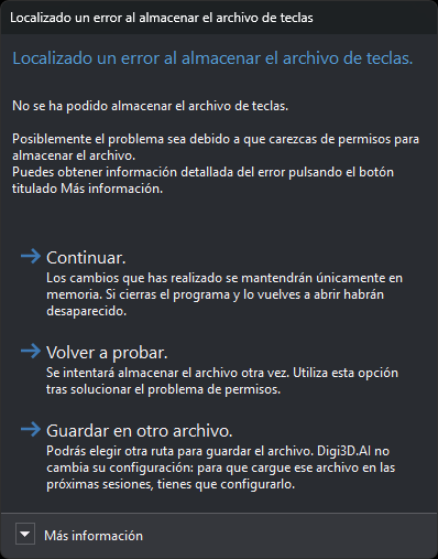 Cuadro Localizado un error al almacenar el archivo de teclas
