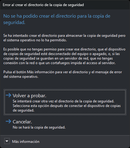 Cuadro Error al crear el directorio de la copia de seguridad