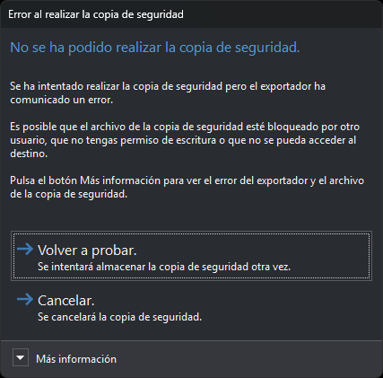 Cuadro No se ha podido realizar la copia de seguridad
