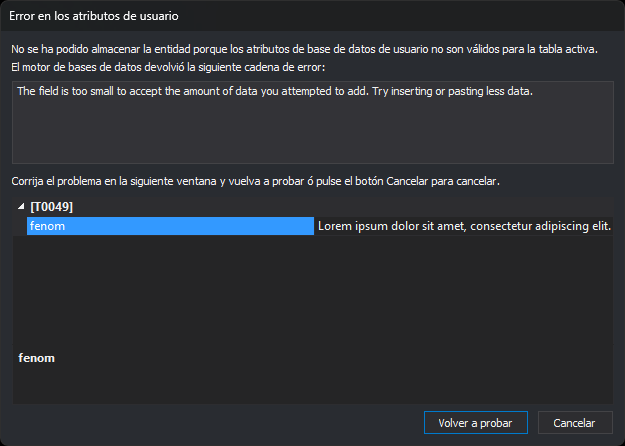 Cuadro de diálogo Error en los atributos de usuario