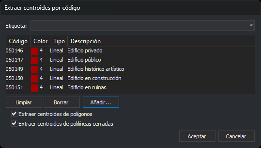 Cuadro de diálogo Extraer centroides por código