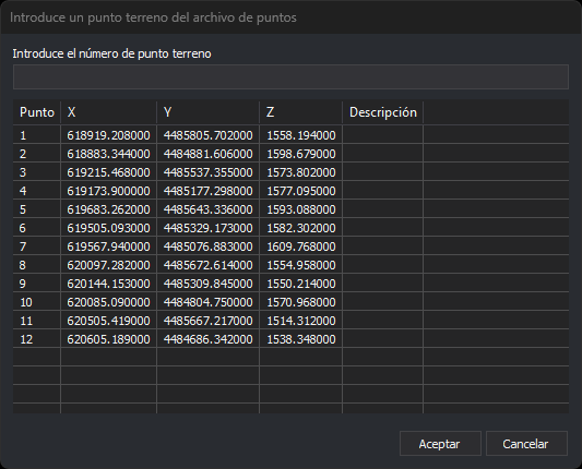 Cuadro de diálogo Introduce un punto terreno del archivo de puntos