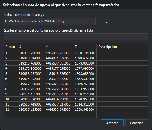 Cuadro de diálogo Selecciona el punto de apoyo al que desplazar la ventana fotogramétrica