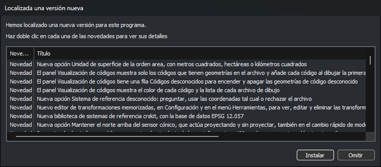 Cuadro de diálogo Localizada una versión nueva