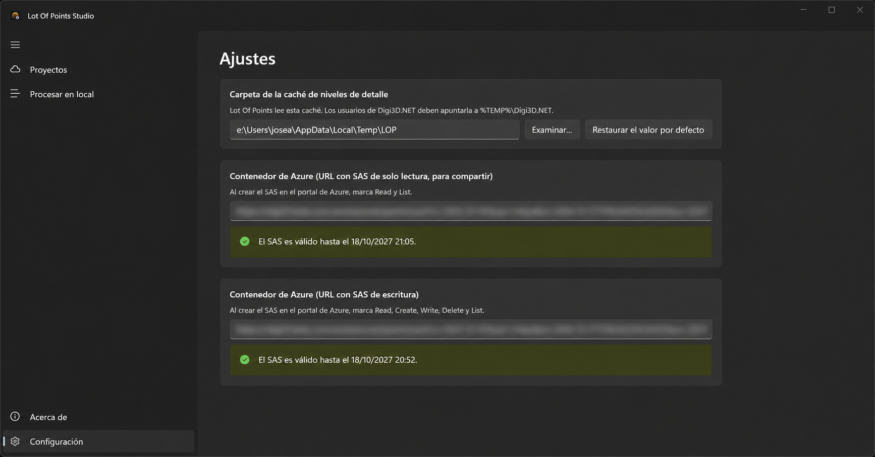 Ajustes de Lot Of Points Studio, con los enlaces de acceso emborronados