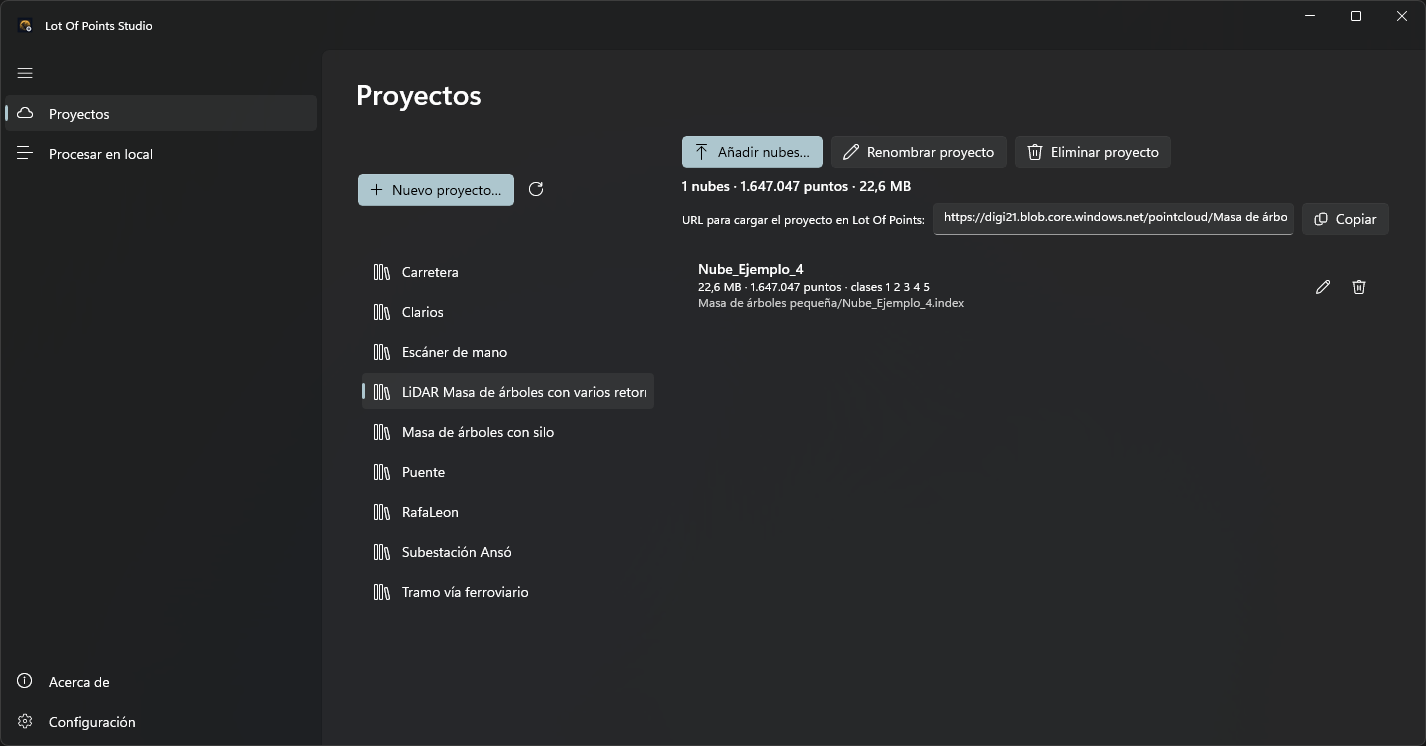 Proyecto seleccionado y resumen de sus nubes en Lot Of Points Studio