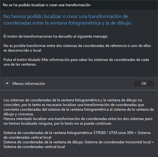 Cuadro de diálogo indicando que no se ha podido localizar una transformación