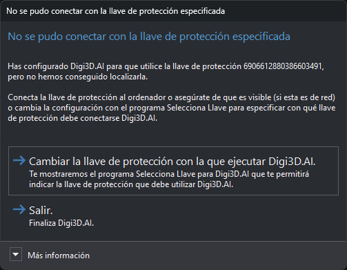 Cuadro No se pudo conectar con la llave de protección especificada