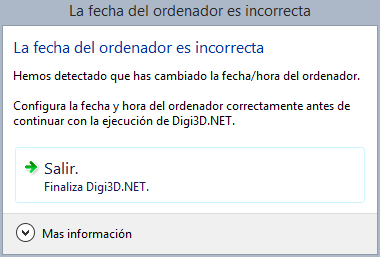 Cuadro de diálogo indicando que la fecha del ordenador es incorrecta