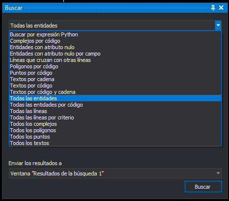 Desplegable de tipos de búsqueda del panel Buscar
