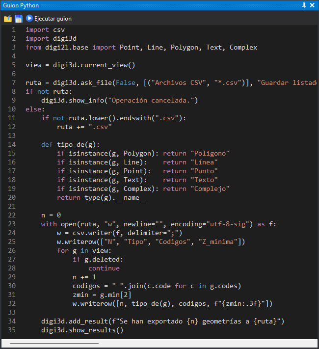 Panel Guion Python con un guion que exporta las geometrías a un archivo CSV