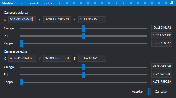 Panel Modificar orientación del modelo