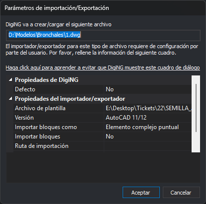 Cuadro de diálogo Parámetros de importación/Exportación