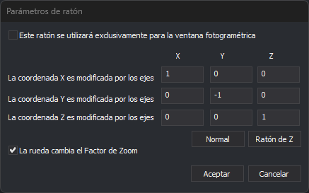 Cuadro de diálogo Parámetros de ratón con un ratón para XY