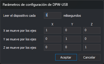 Cuadro de diálogo Parámetros de configuración de DPW-USB