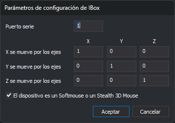 Cuadro de diálogo Parámetros de configuración de IBox, con la casilla El dispositivo es un Softmouse o un Stealth 3D Mouse