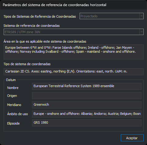 Cuadro de diálogo Parámetros del sistema de referencia de coordenadas horizontal