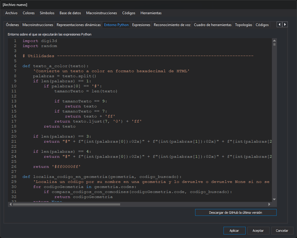 Pestaña Entorno Python del editor de tablas de códigos