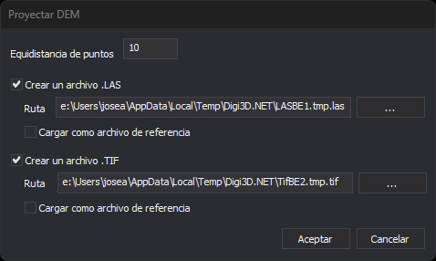 Cuadro de diálogo Proyectar DEM