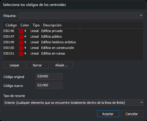 Cuadro de diálogo Selecciona los códigos de los centroides