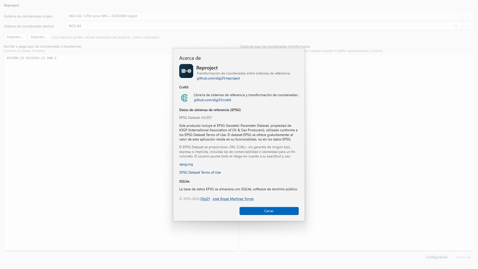 Cuadro Acerca de de Reproject con CrsKit, los datos EPSG y SQLite