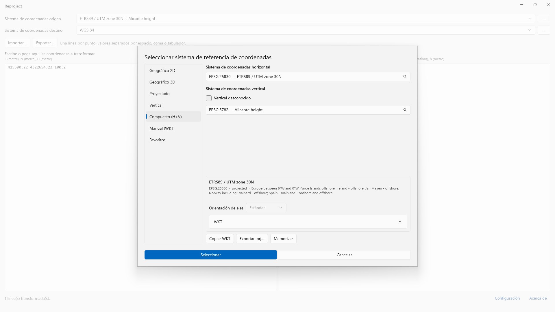 Sistema compuesto: horizontal EPSG:25830 y vertical EPSG:5782 Alicante height