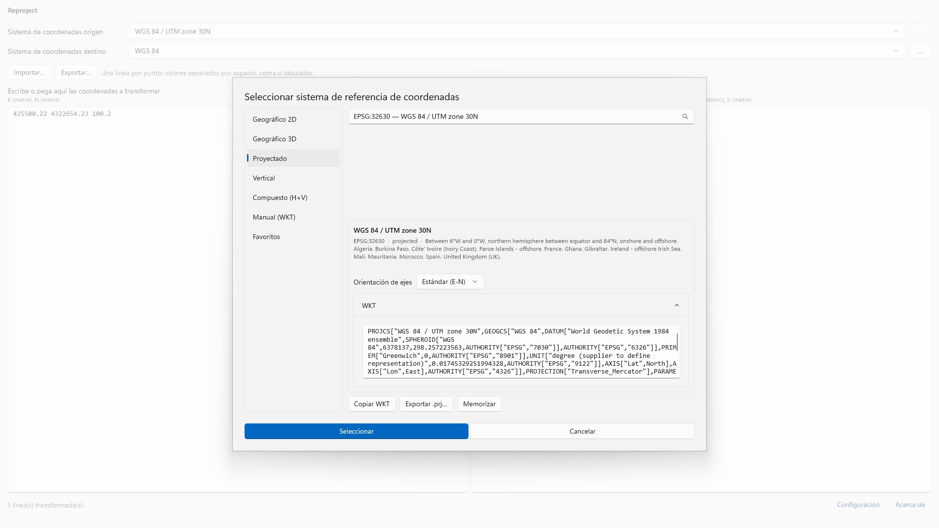 Cuadro Seleccionar sistema de referencia de coordenadas con la categoría Proyectado y el sistema EPSG:32630