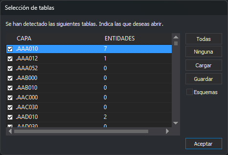 Cuadro de diálogo Selección de tablas