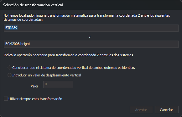 Cuadro de diálogo Selección de transformación vertical