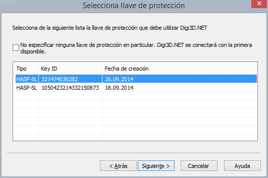 Captura del programa Selecciona llave de protección