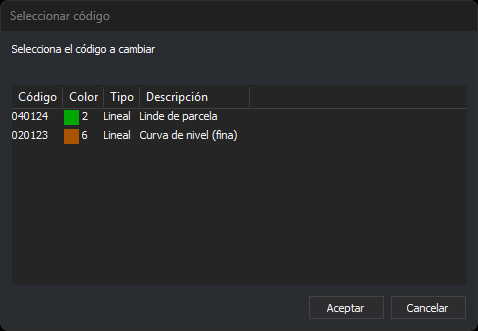 Cuadro de diálogo Seleccionar código