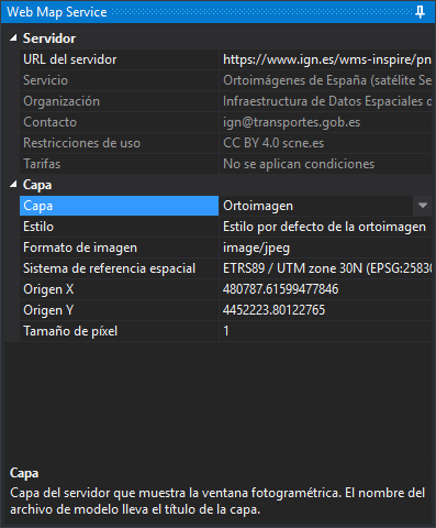 Panel Web Map Service con la capa Ortoimagen del PNOA
