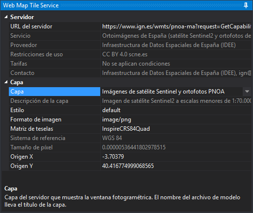 Panel Web Map Tile Service con la capa de imágenes de satélite Sentinel y ortofotos del PNOA
