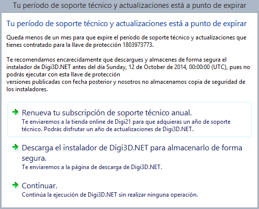Cuadro de diálogo mostrando que el soporte técnico está a punto de expirar