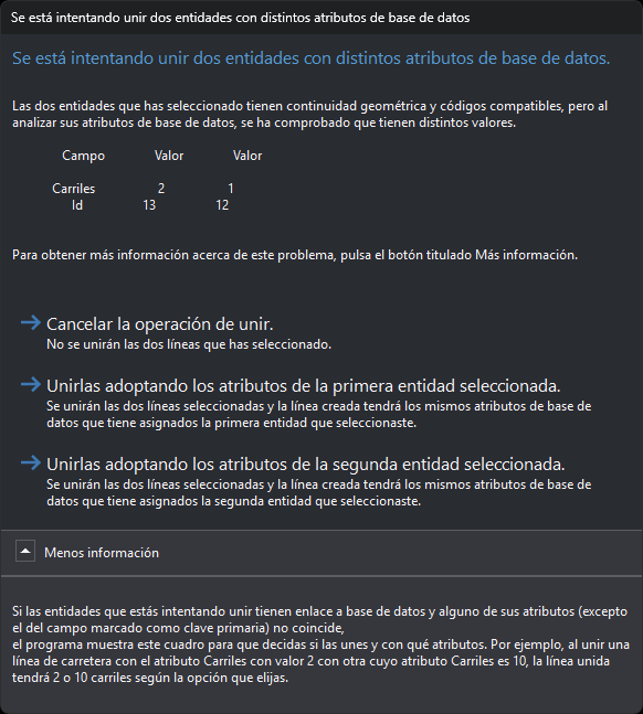 Cuadro de diálogo Se está intentando unir dos entidades con distintos atributos de base de datos