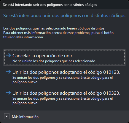 Cuadro de diálogo de FORMAR_POLIGONOS al unir dos polígonos con distintos códigos: cancelar la unión o unirlos adoptando el código de uno de los dos