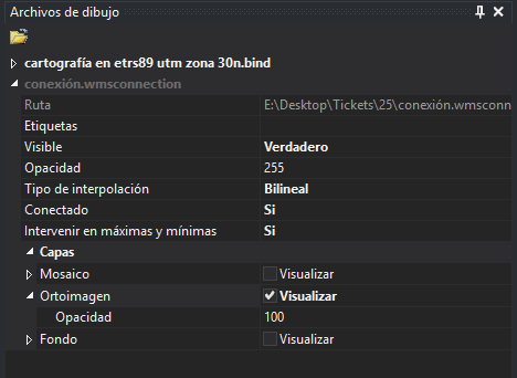 Panel Archivos de dibujo con la conexión WMS desplegada y la capa Ortoimagen activada