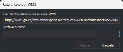 Cuadro de diálogo Ruta al servidor WMS con la URL GetCapabilities del PNOA y el archivo a crear vacío