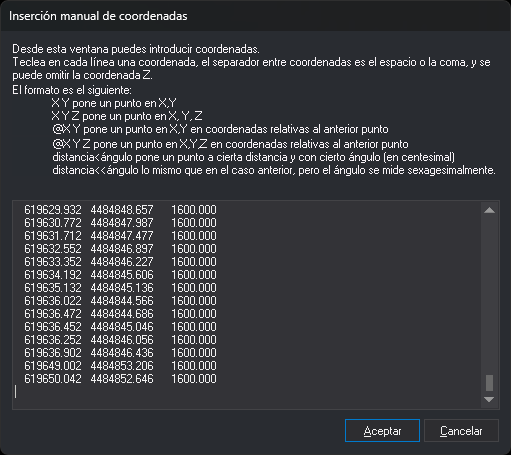 Cuadro de diálogo Inserción manual de coordenadas