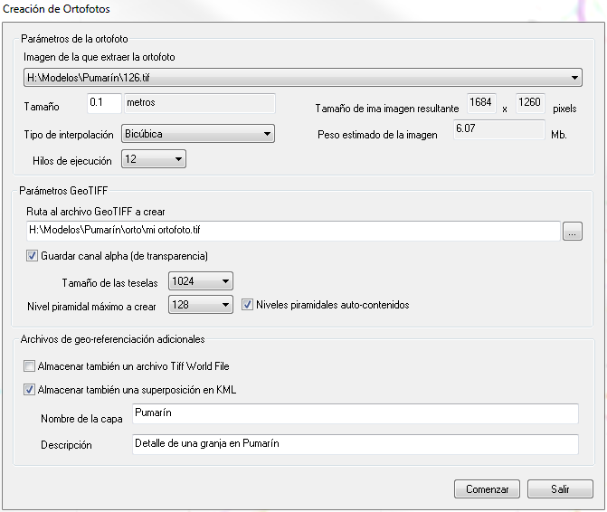 Cuadro de diálogo Calcula Ortofoto