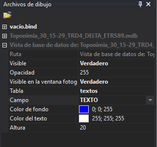 Vista de base de datos en el panel de archivos de dibujo
